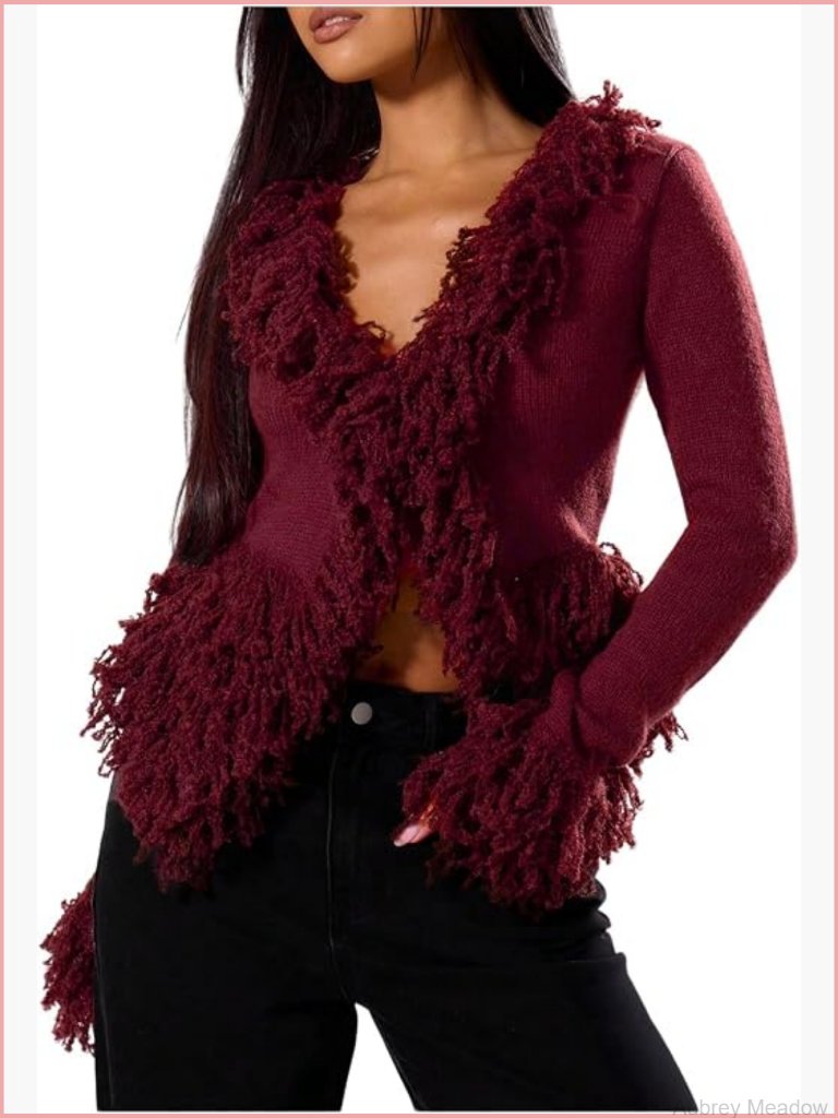 Women's Fuzzy Trim Cardigan Sweater V Neck Long Sleeve Knit Outerwear